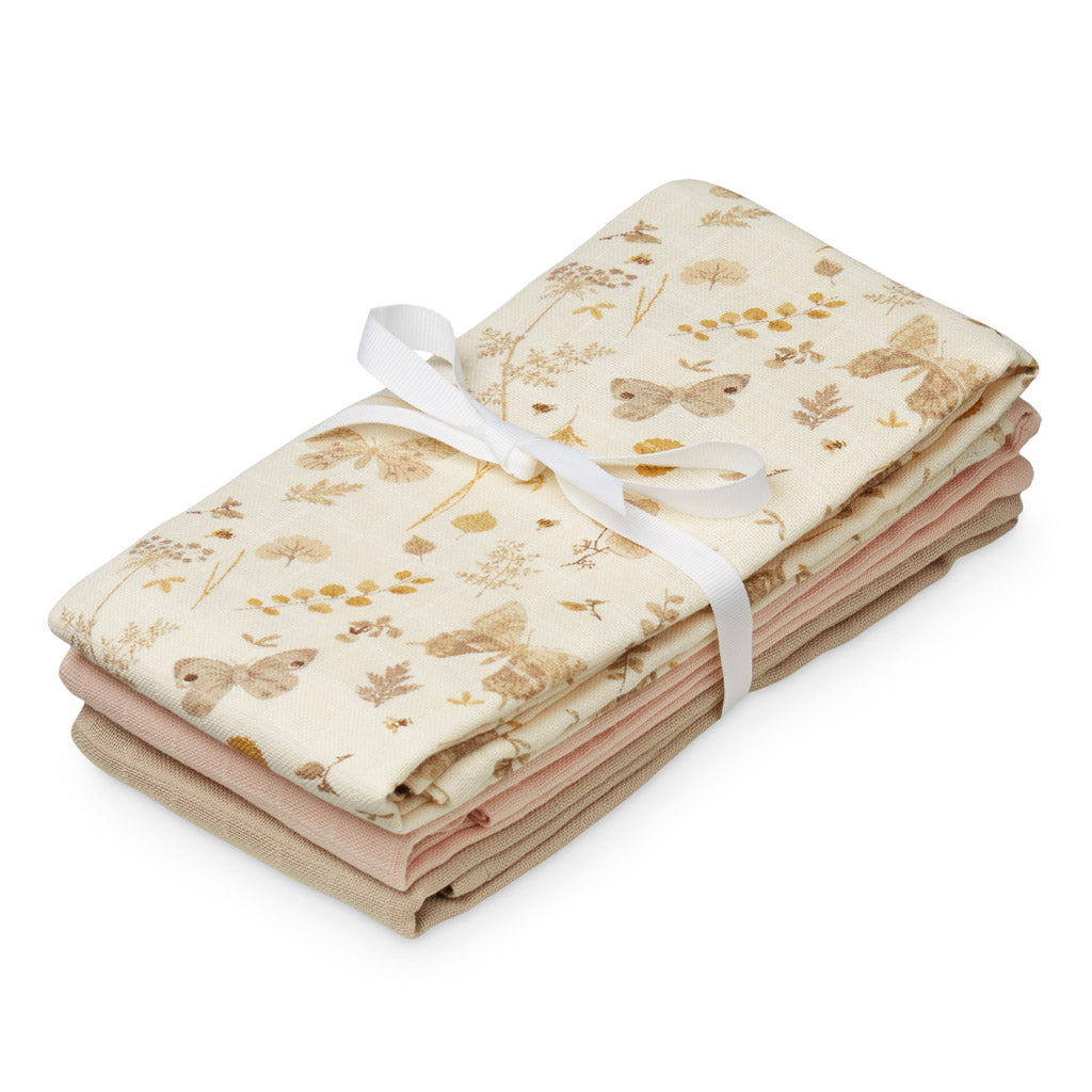 Muslin Cloth, 3-pack - GOTS Mix Butterflies, Coral, Latte